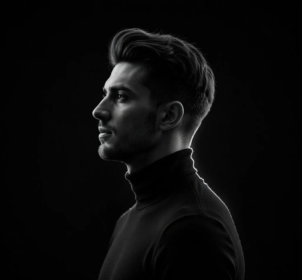 Moody Contrast: Cinematic Profile of a Bearded Man in Shadow