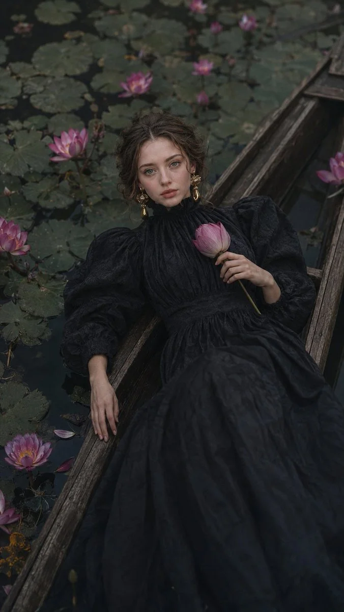 Moody editorial captures a mysterious figure amidst floating blooms