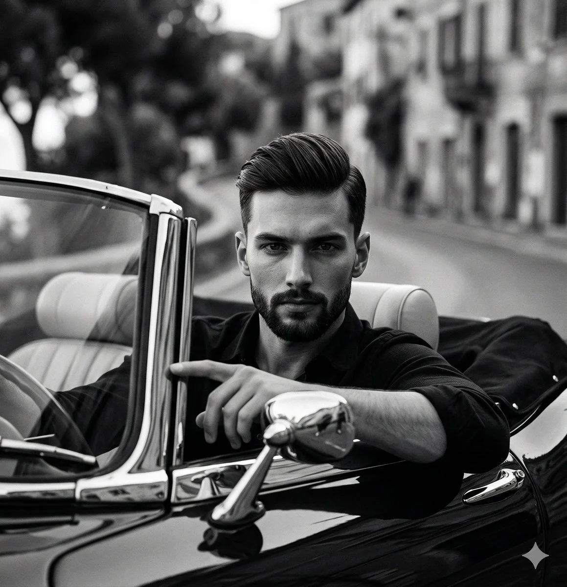 Moody Noir Portrait of Man with Chrome Car Reflection