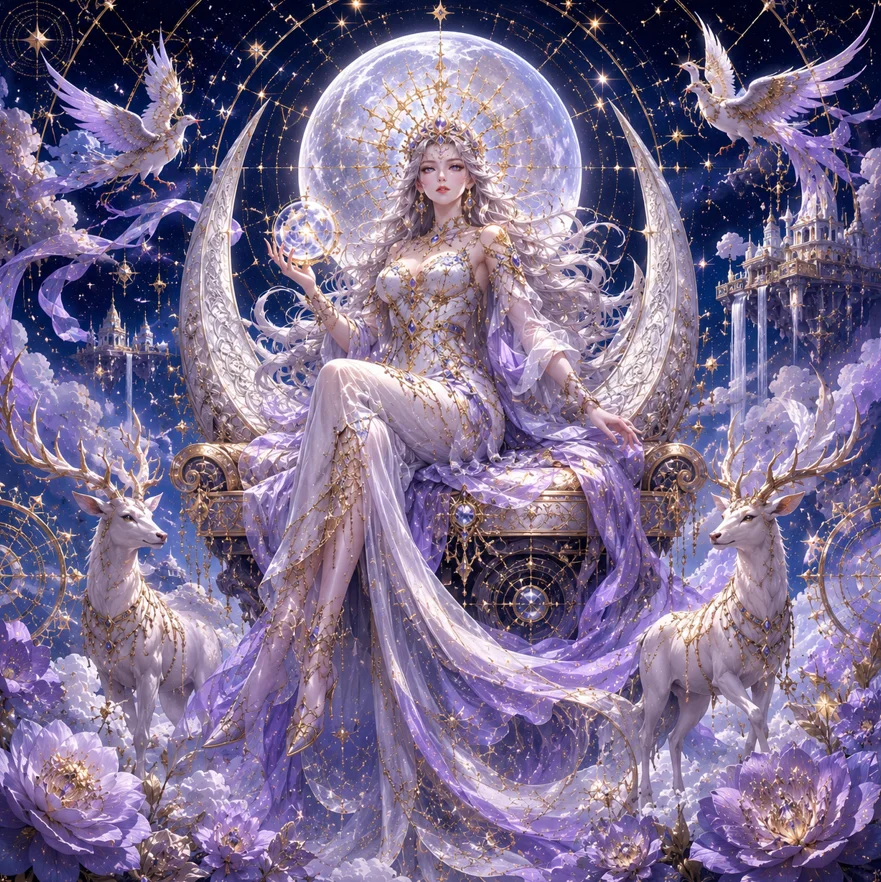 Moon Queen sits on a crescent throne under glowing stars