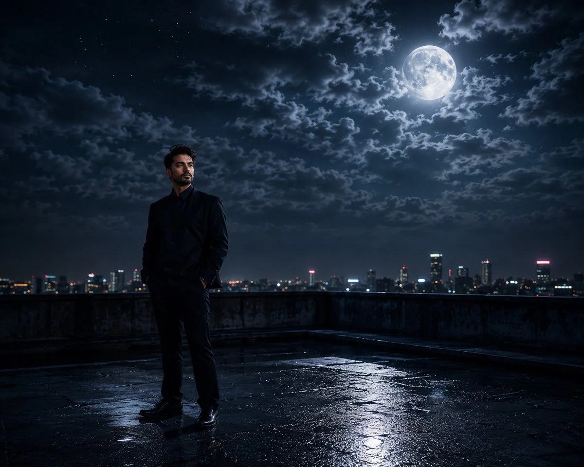 Moonlit Reflection: A Rooftop Journey
