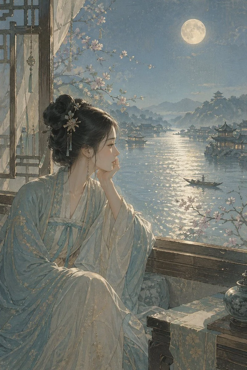 Moonlit Song Dynasty River Through Wooden Window