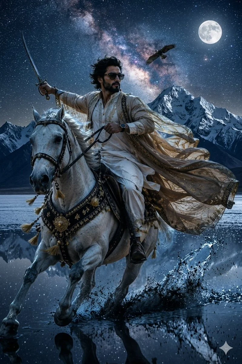 Moonlit warrior raises his sword while riding through water