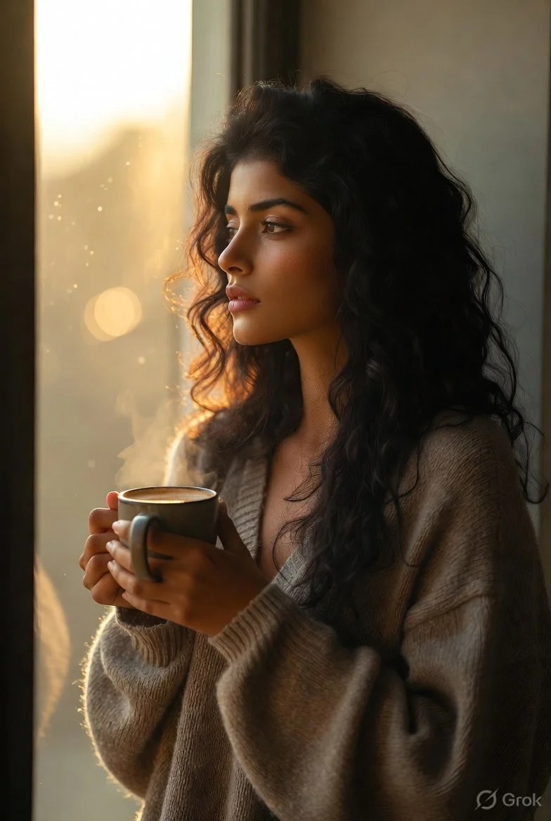Morning calm: woman with coffee gazes through warm window light
