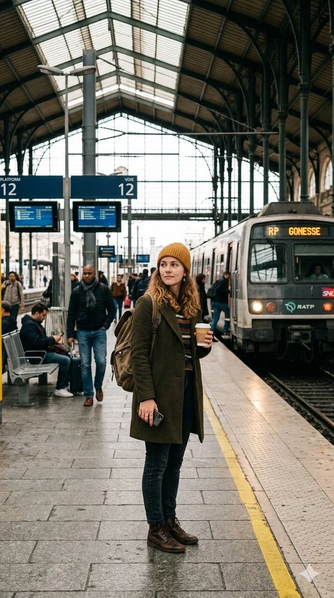 Morning Commute: Woman at Historic European Train Station