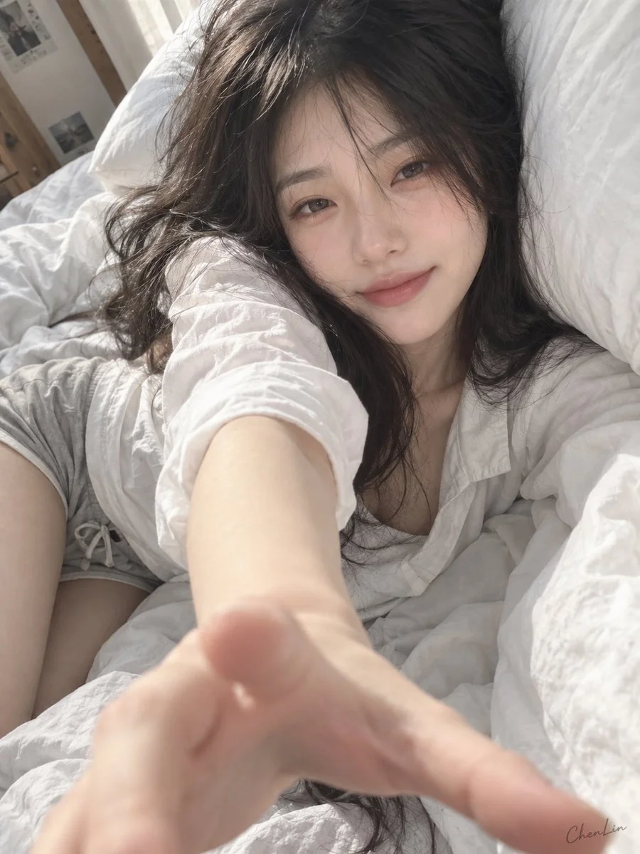 Morning Light Girlfriend Reaches Out From Cozy White Bed Sheets