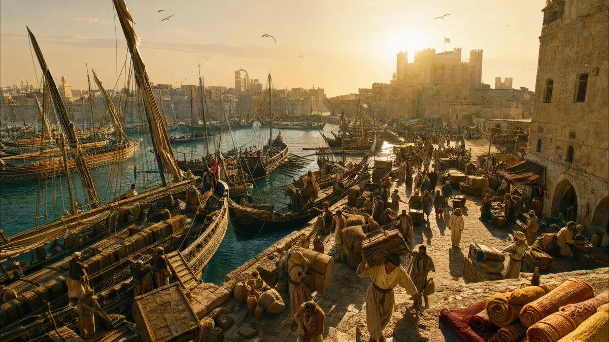 Morning light reveals bustling port with galleys docked at Alexandria.