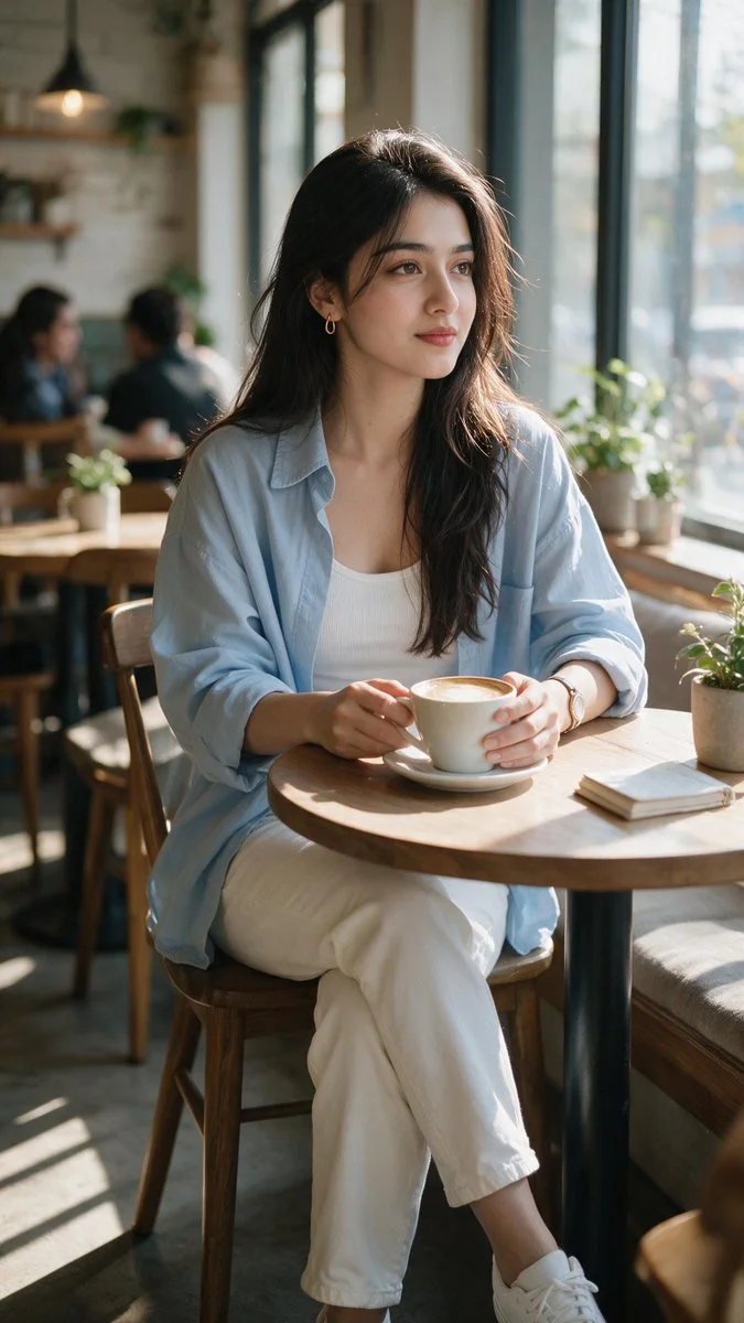 Morning light spills across her coffee and quiet thoughts.