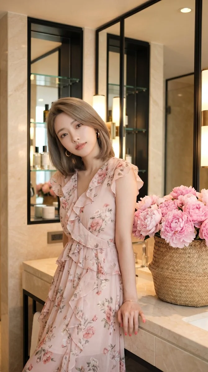 Morning peonies in a hotel mirror reflect a soft, lingering moment.