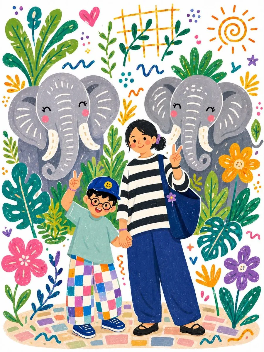 Mother and daughter make peace signs with smiling elephants in a magical jungle.
