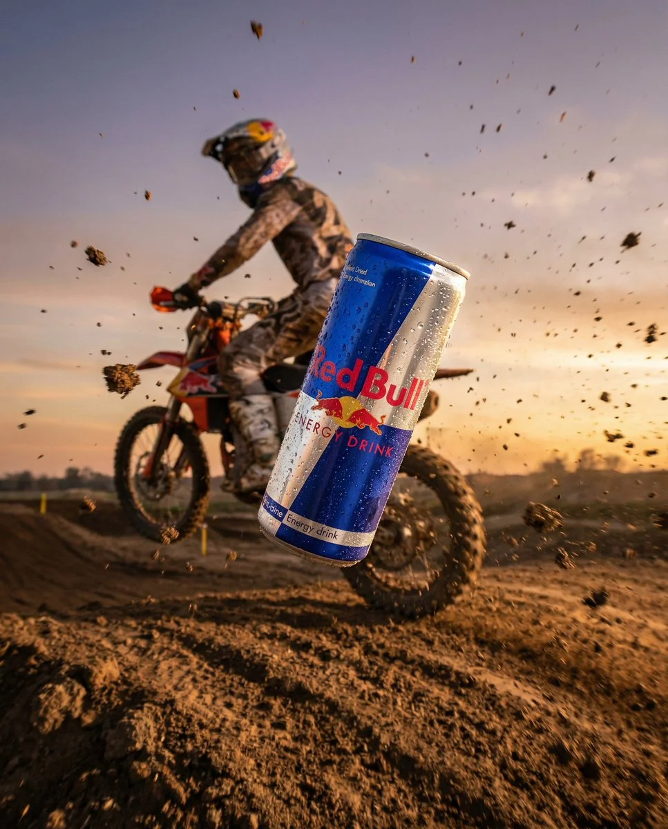 Motocross Rider Leaping with Ultra-Sharp Red Bull Can in Focus