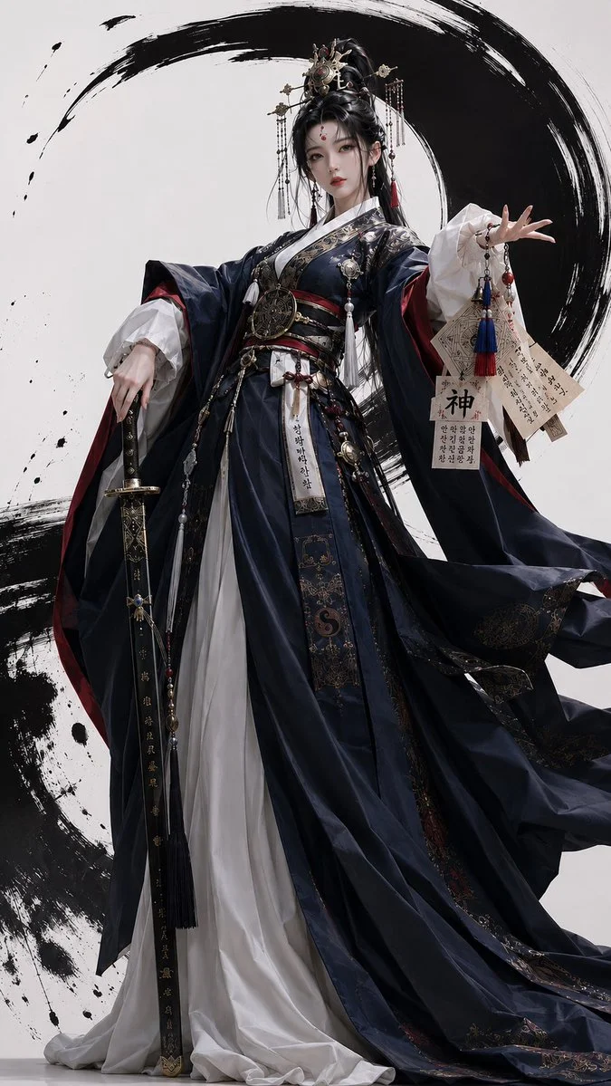 Mudang shaman stands serene with sword and talismans in flowing robes