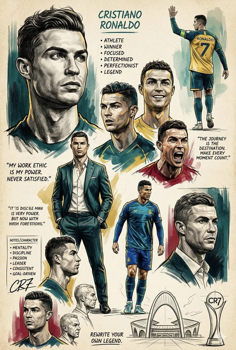 Multi-panel poster shows Ronaldo's journey from athlete to icon