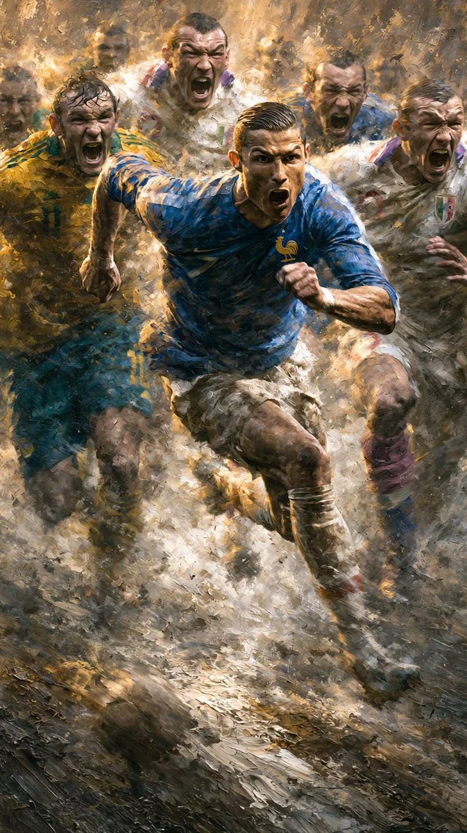 Multiple versions of a fearless footballer sprint through golden dust and paint