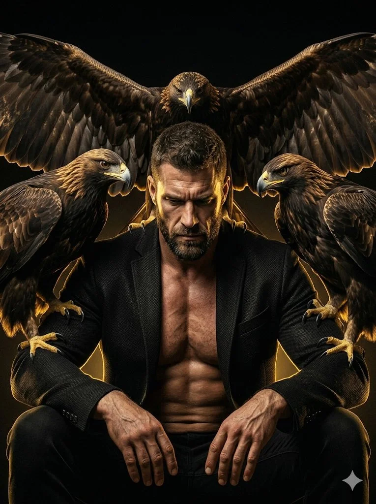 Muscular man with three golden eagles commands an epic portrait