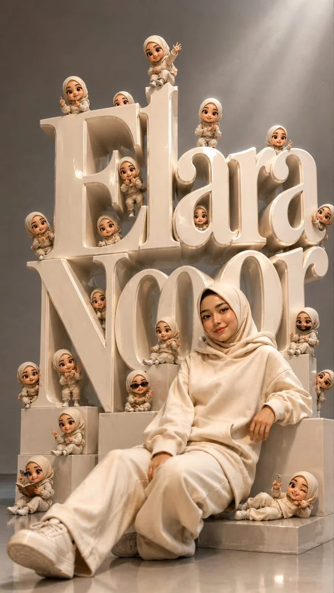 Muslim woman in cream hoodie poses beside giant glossy ElaraNoor letters