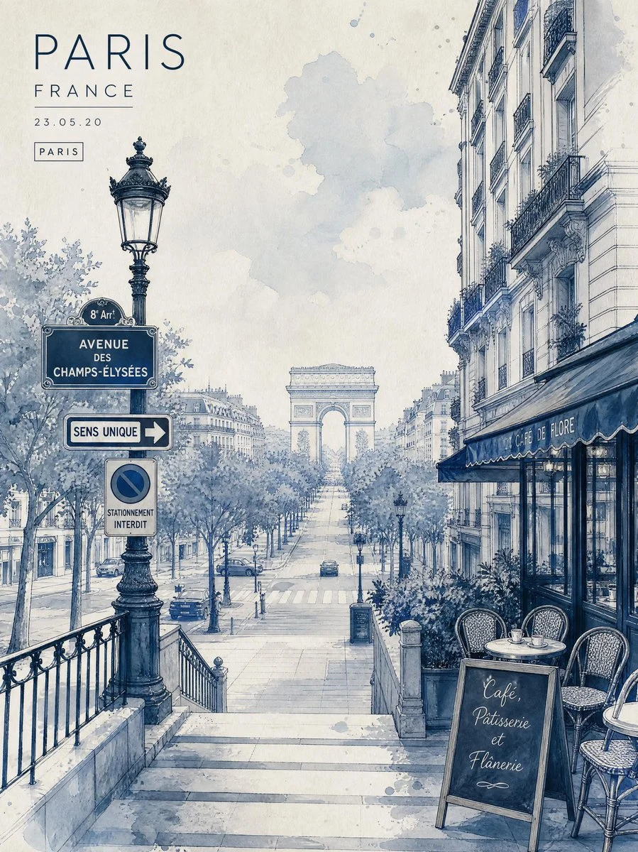 Muted blue watercolor captures London's iconic Abbey Road crossing