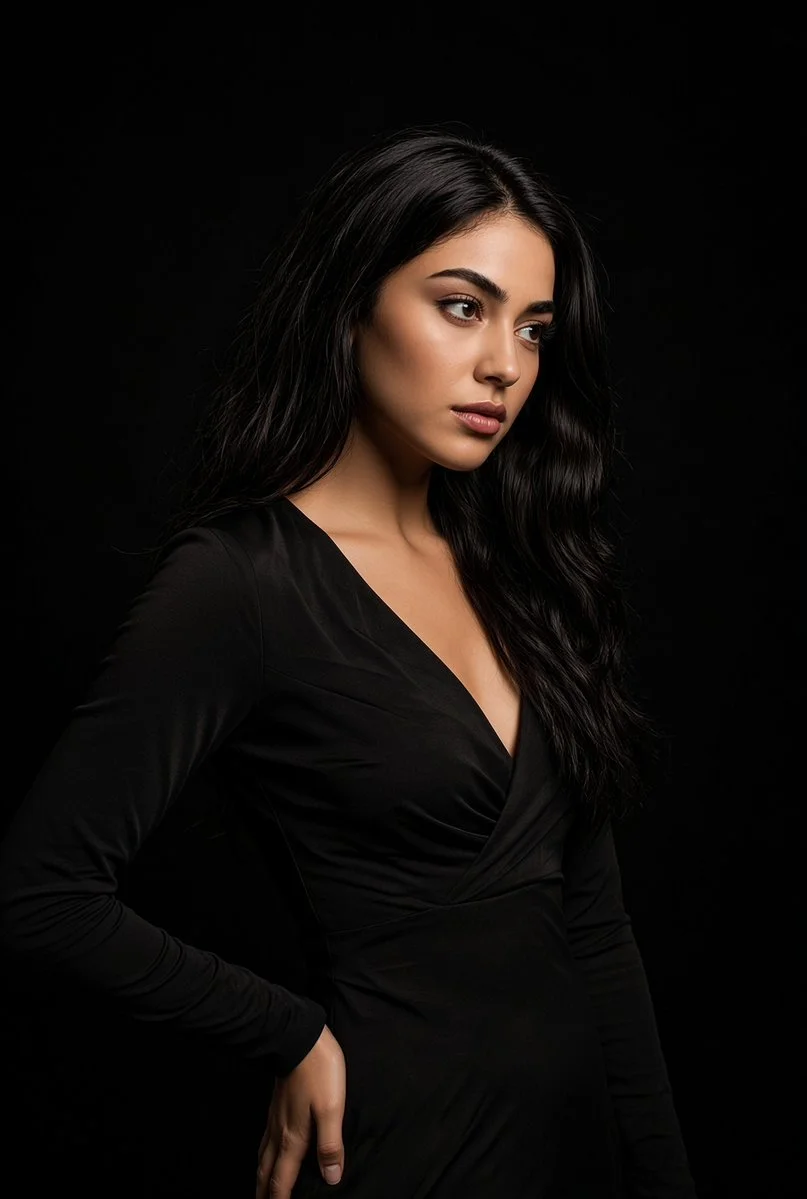 Mysterious Beauty: Long-Haired Woman in Deep V-Neck Black Dress