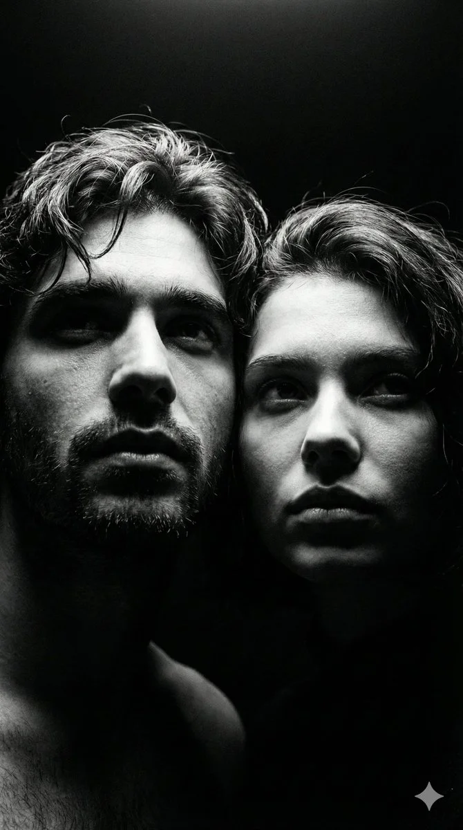 Mysterious Duo in Monochrome: A Portrait of Shadows