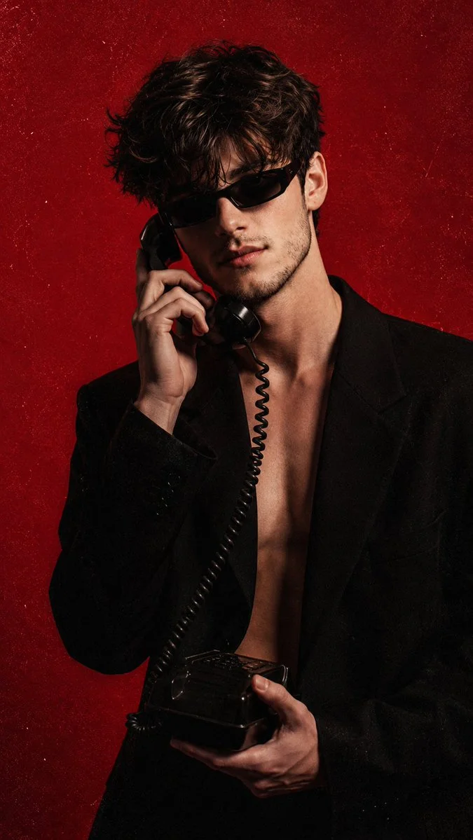 Mysterious man in black jacket talks on vintage phone against red backdrop
