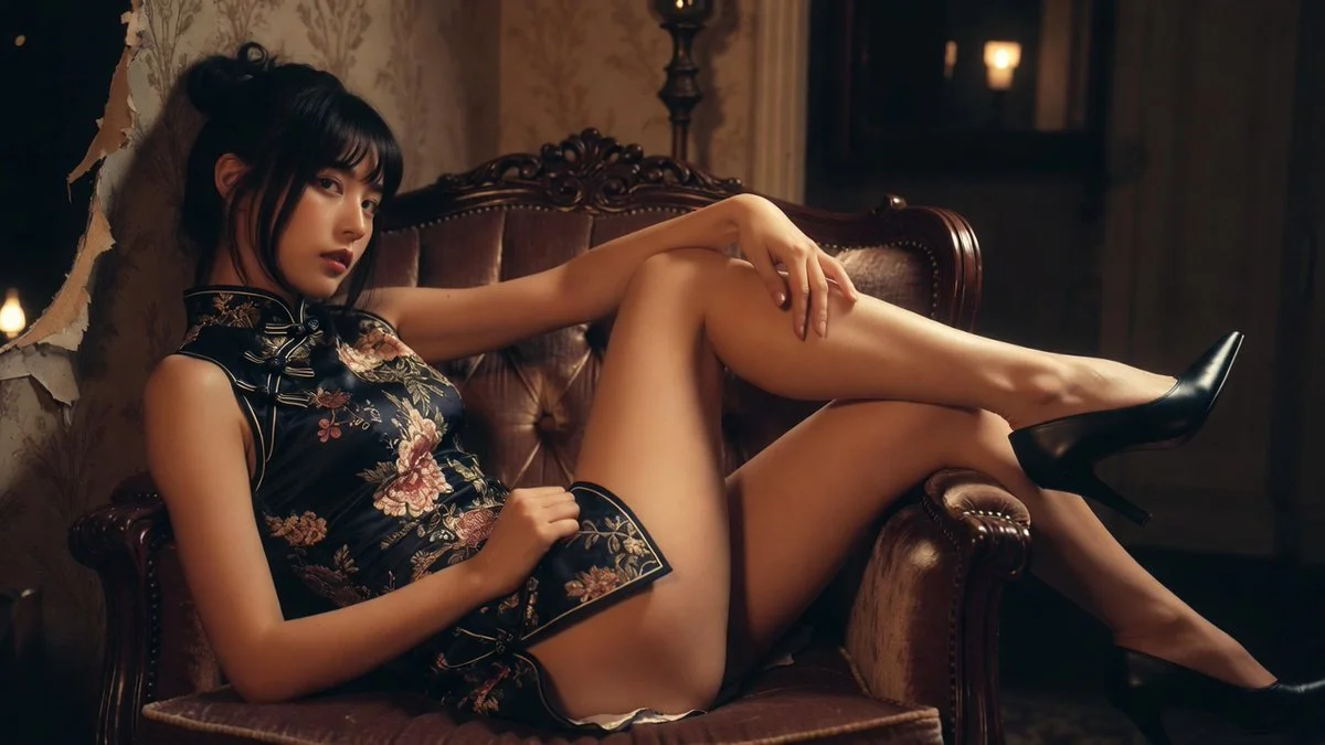 Mysterious model in floral cheongsam poses in an amber-lit Victorian ruin