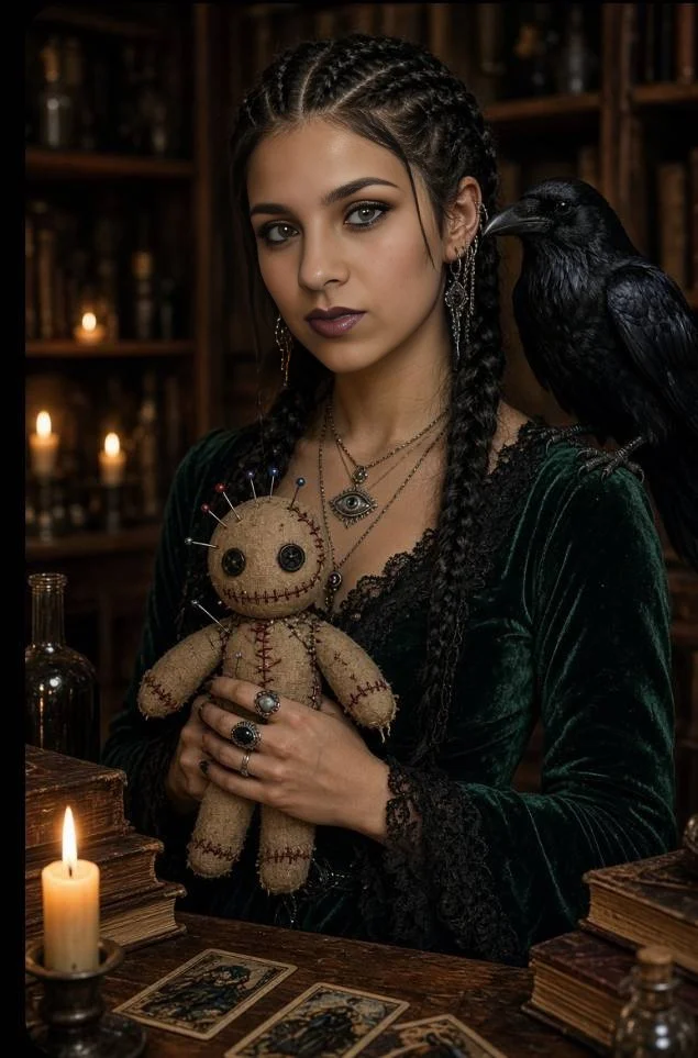 Mysterious Witch with Raven Perched in Shadowy Occult Library