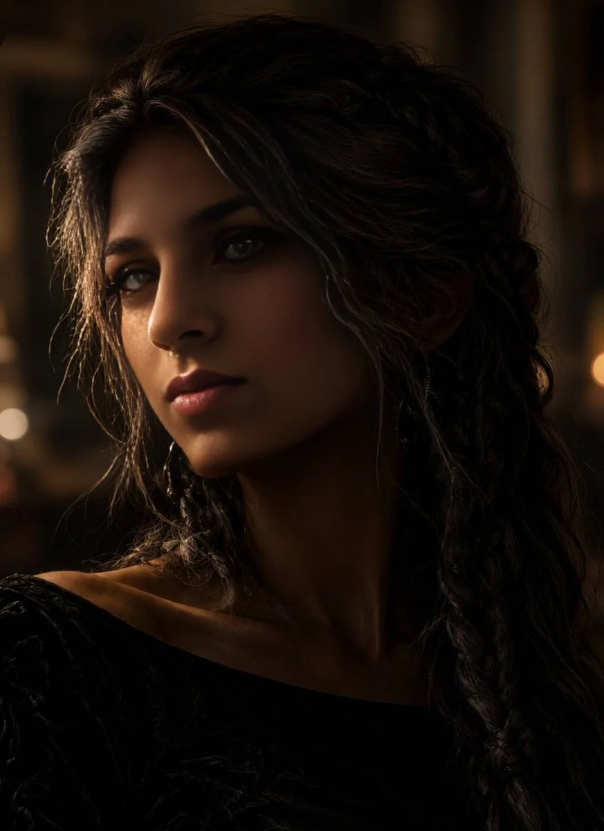 Mysterious woman with braided hair stands in dark castle interior