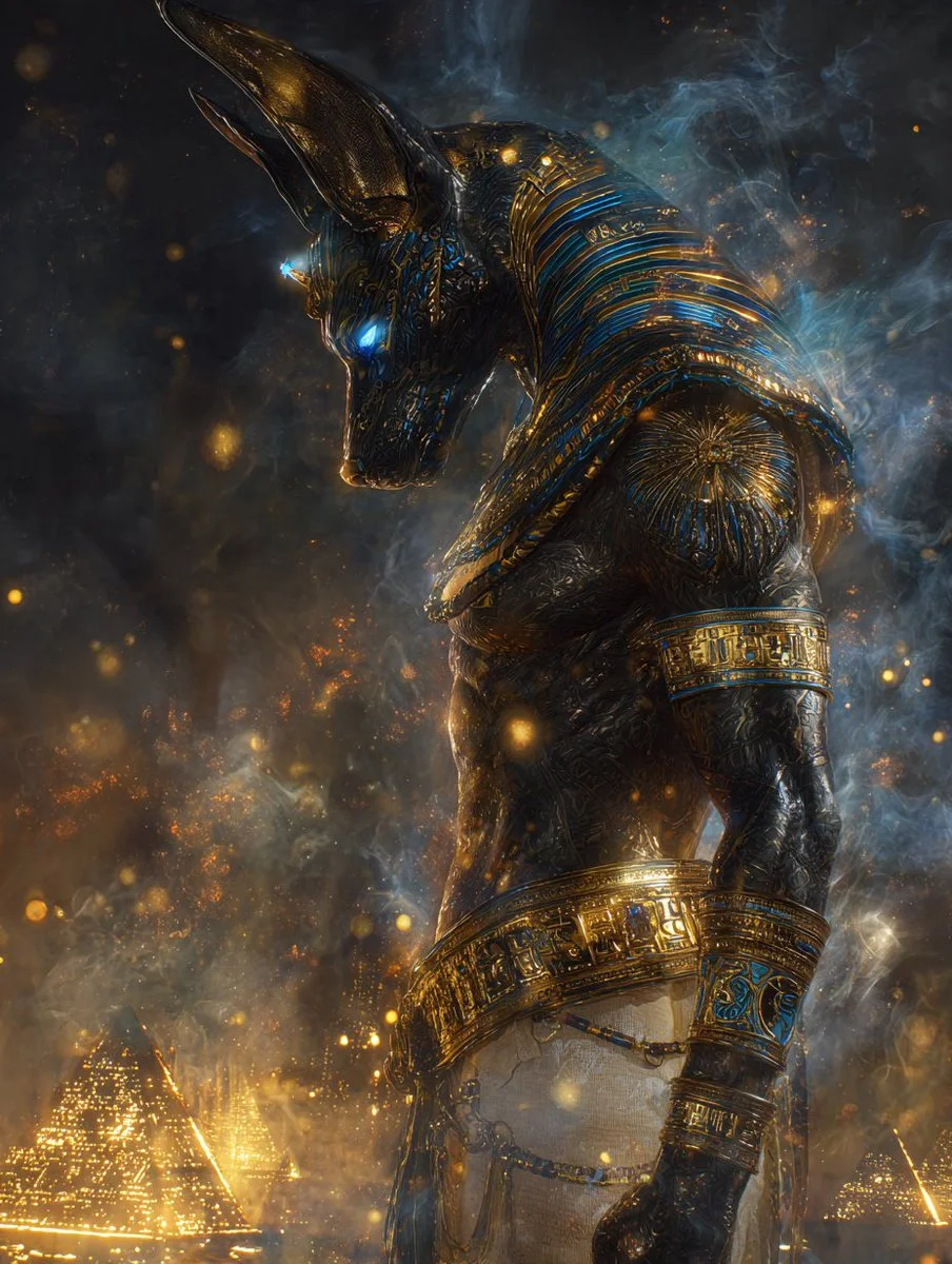 Mystical Anubis guards ancient pyramids beneath a dark smoky sky