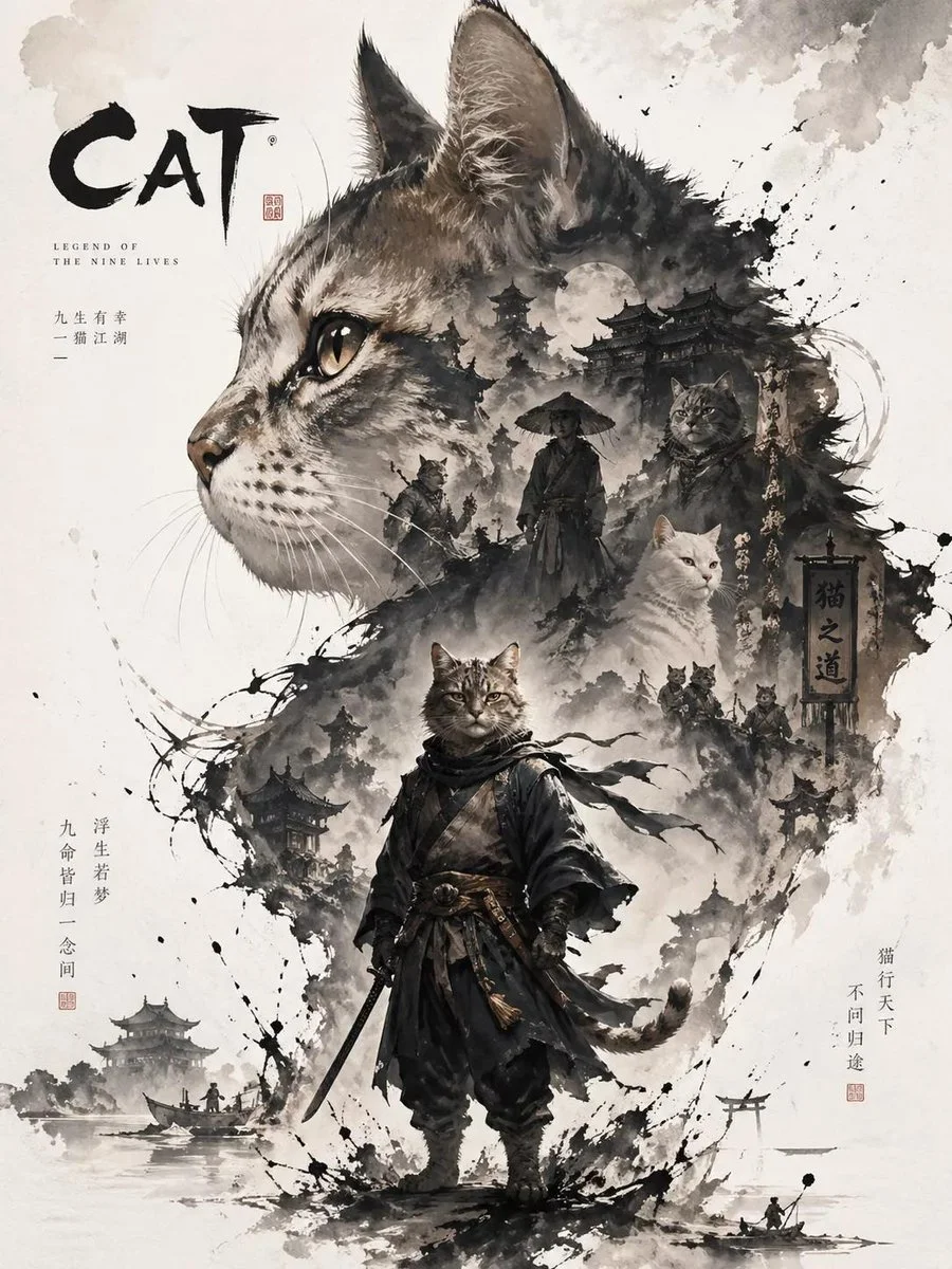 Mystical Cat Silhouette Poster with Layered Narrative