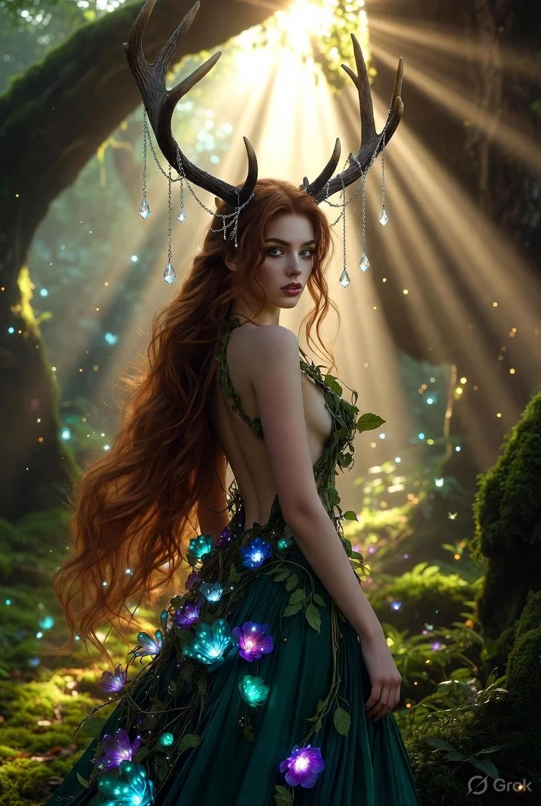 Mystical maiden in living vine dress captivates with golden light