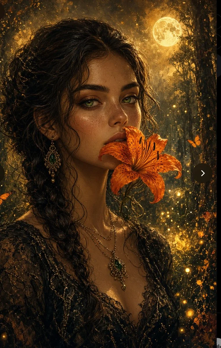Mystical woman holds tiger lily in enchanted glowing forest at night