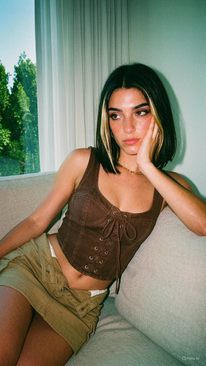 Natural light falls across her face as she looks away from the camera