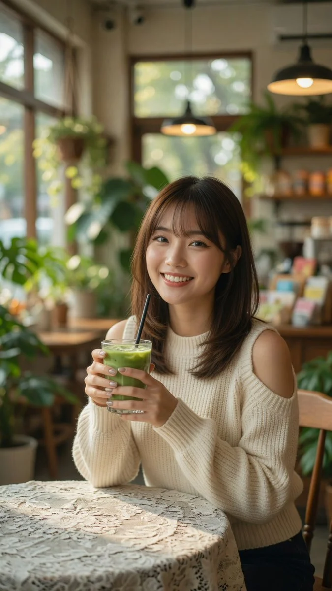 Natural light illuminates woman's smile in cozy plant-filled cafe