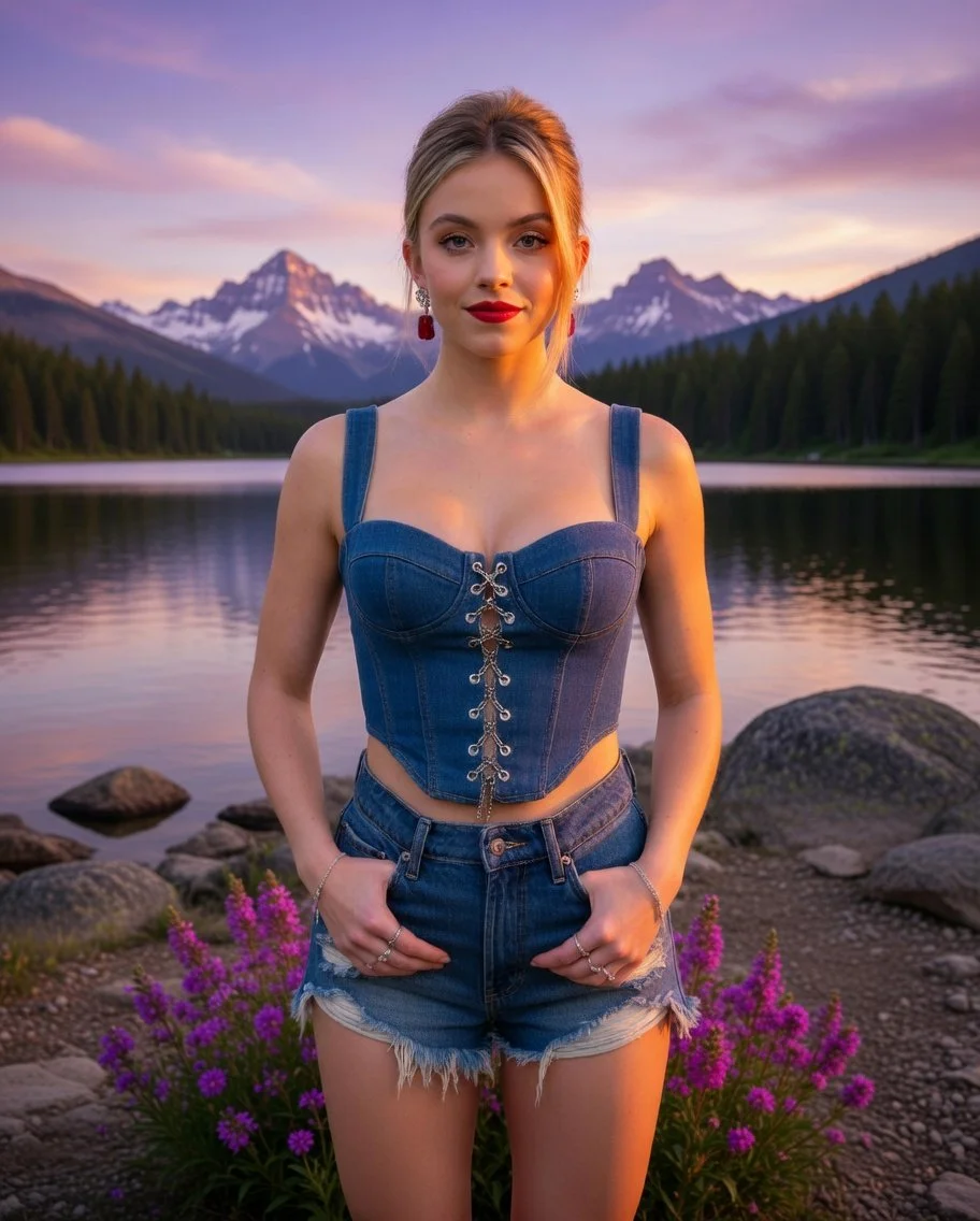 Nature’s Reflection Meets Bold Denim Fashion at Twilight