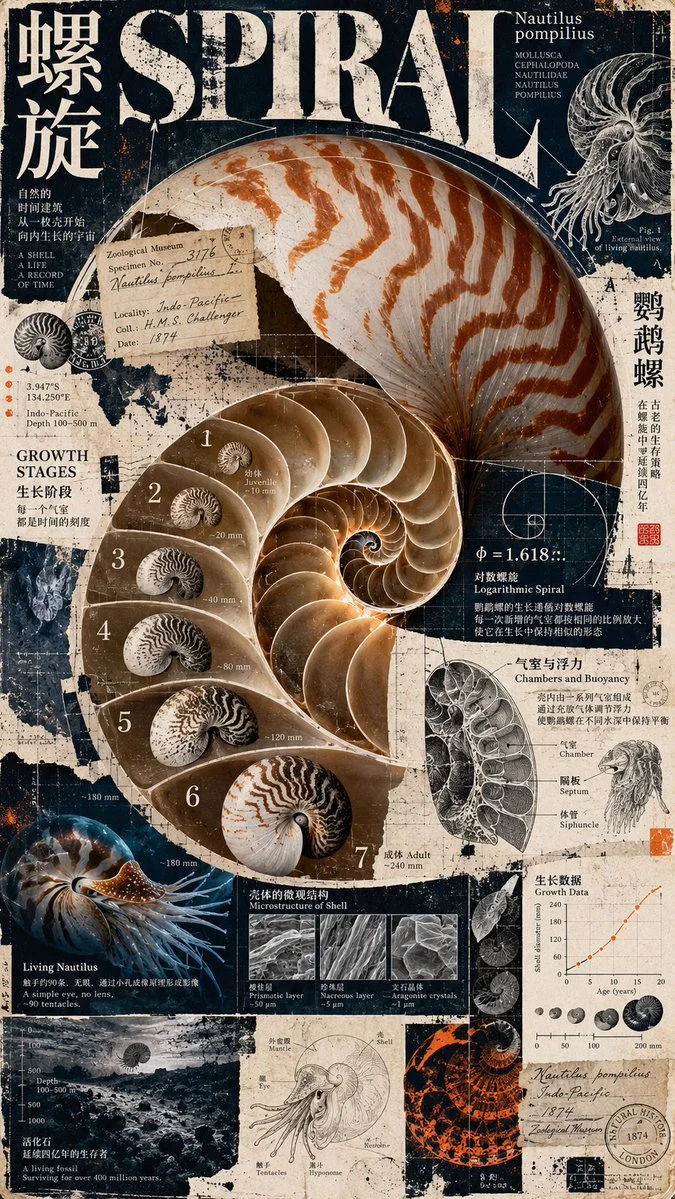 Nautilus Shell Spirals Through Indigo Scientific Poster Design