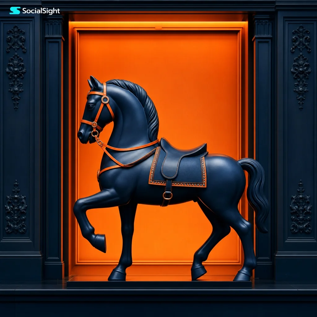 Navy blue horse statue stands in Paris boutique window