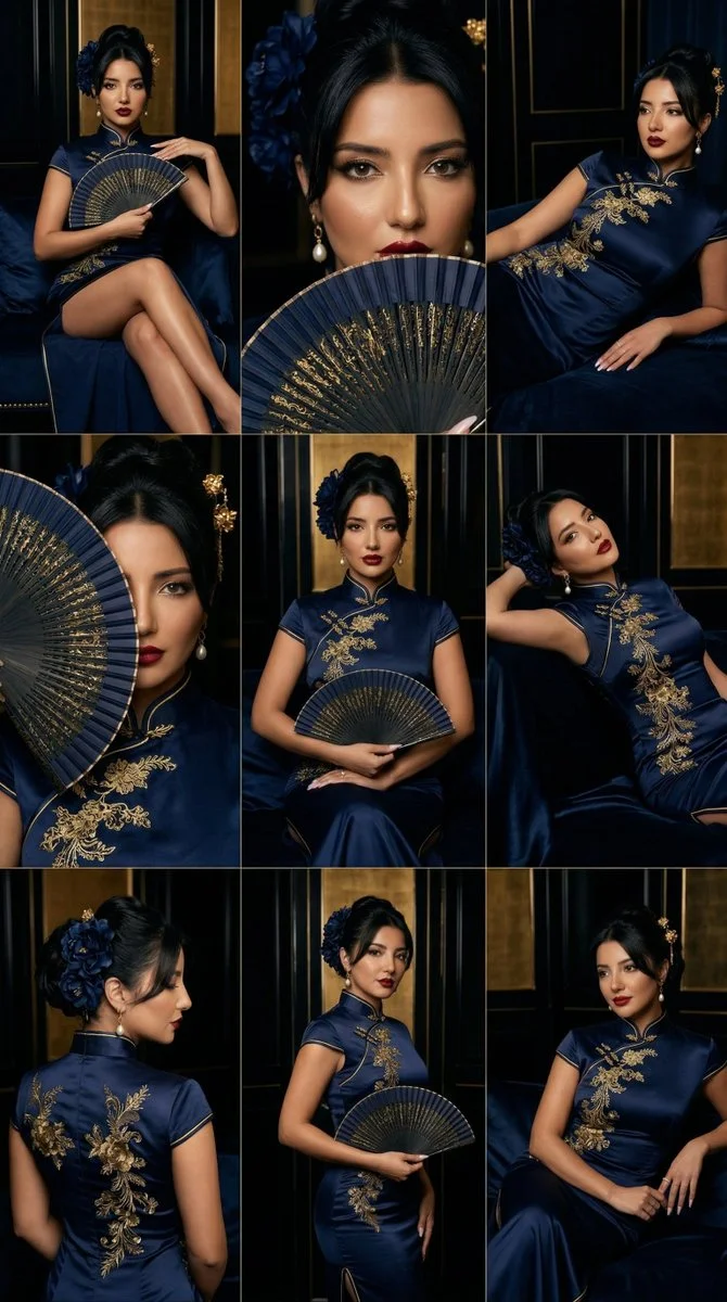 Navy Elegance: Ultra-Luxury 9-Panel East Asian Fashion Icon