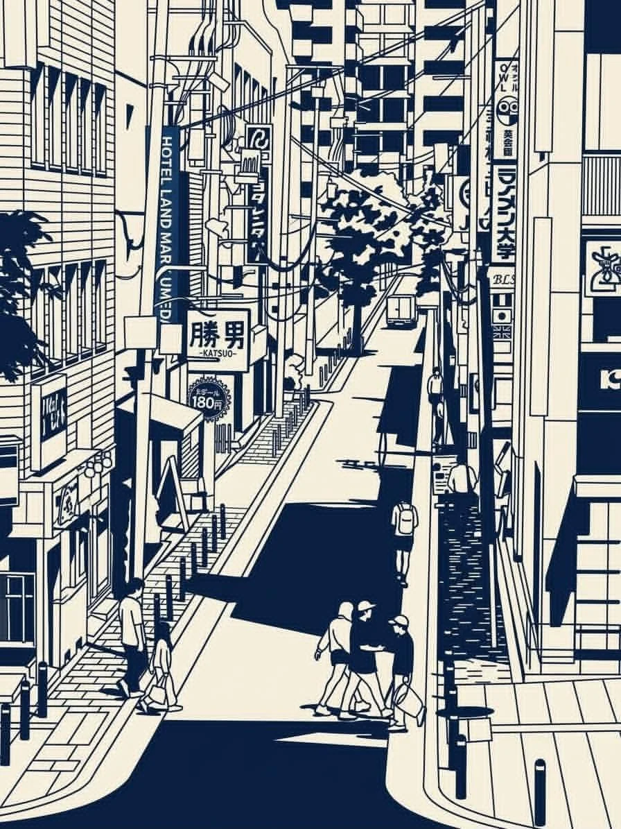 Navy ink city street sketch with pedestrians and tangled overhead cables
