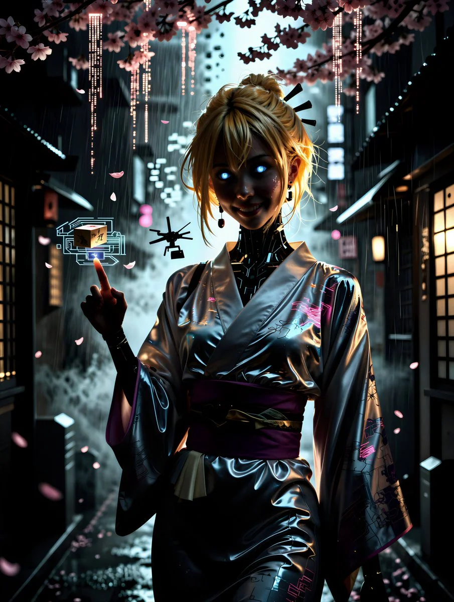 Neon Beauty Meets Cybernetic Power in This Geisha's World