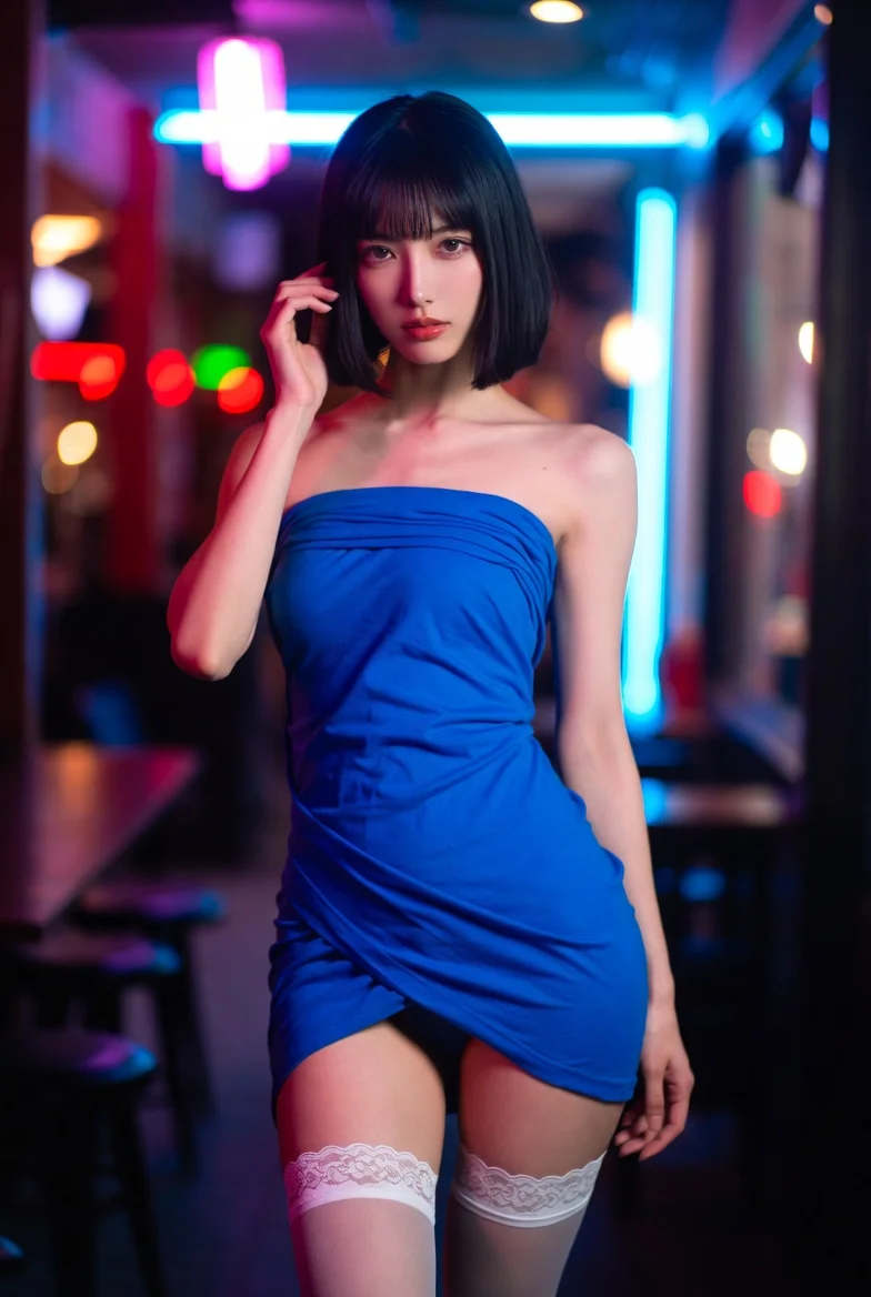 Neon café lights illuminate a woman in blue kimono and stockings