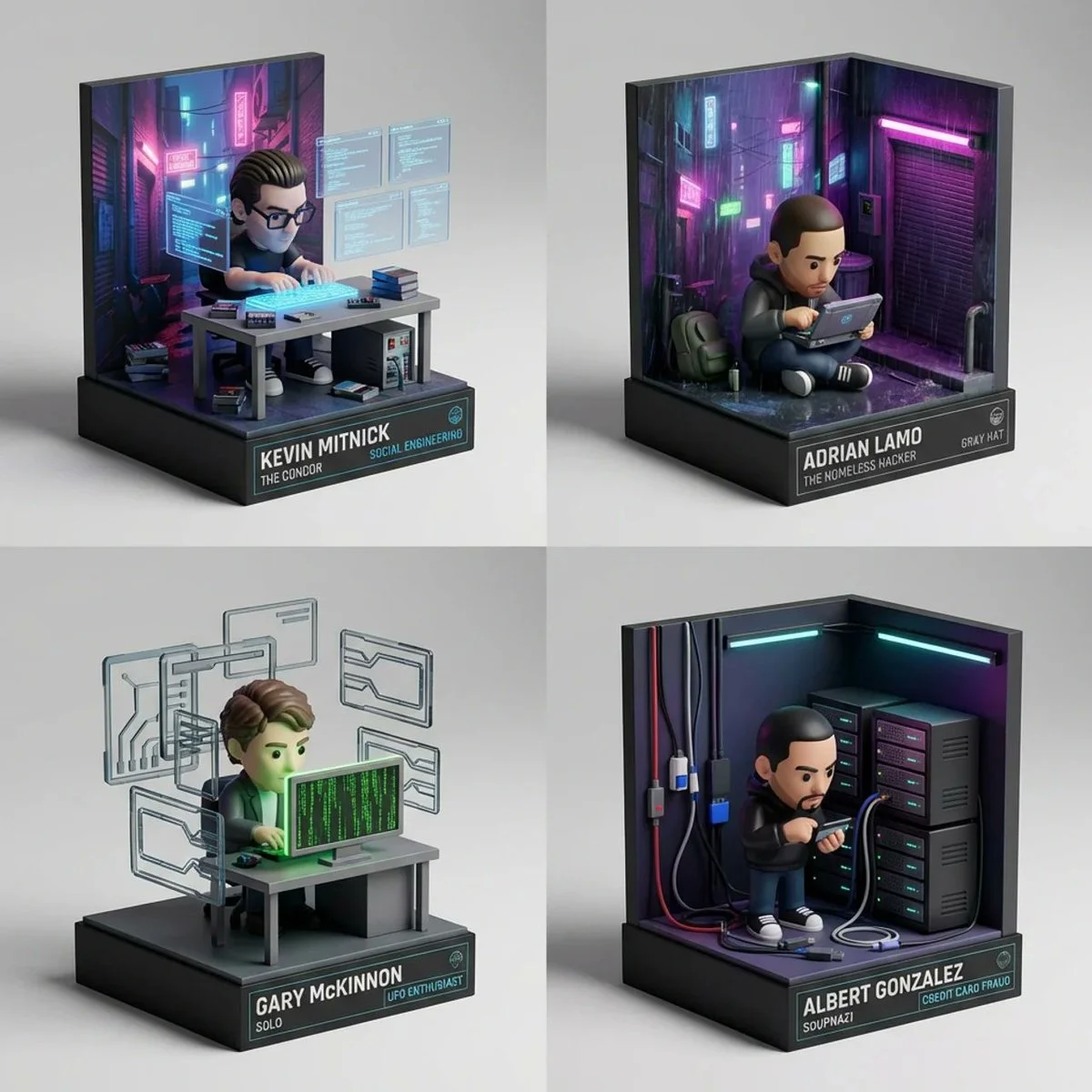 Neon Cyber Legends: 3D Diorama of Four Iconic Hackers