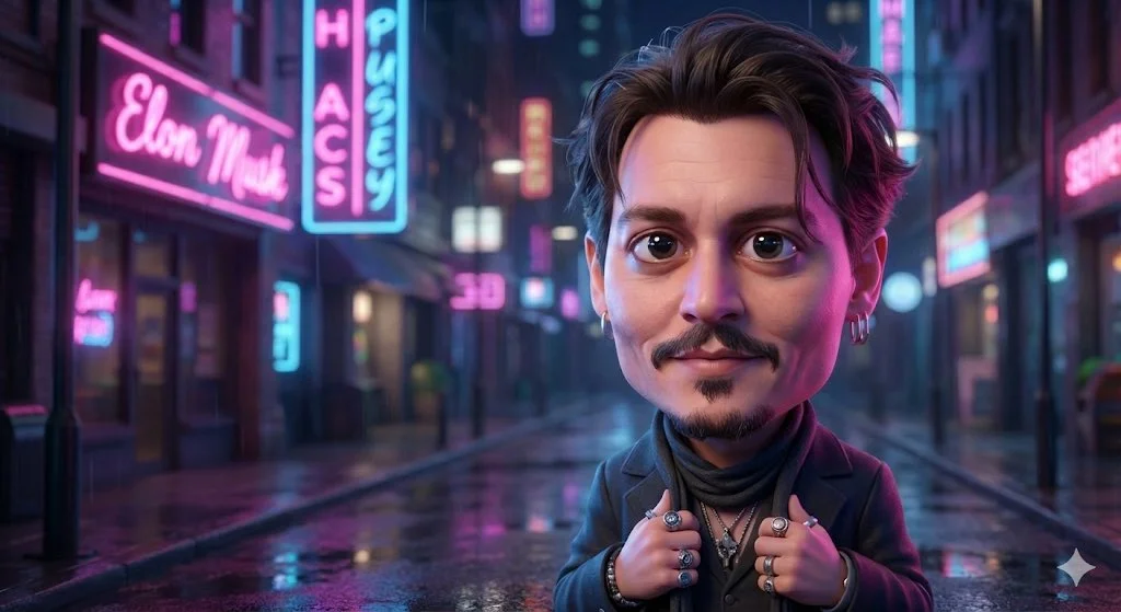 Neon Dreams: A Playful 3D Caricature in the City Lights