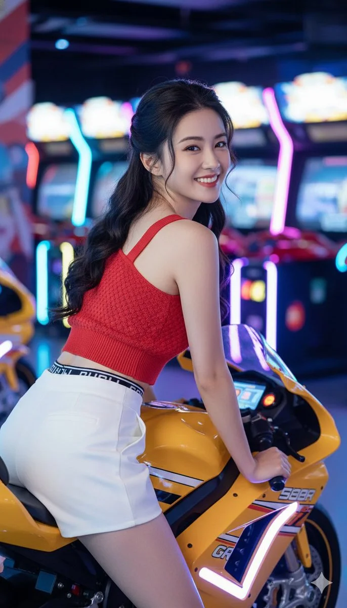 Neon Dreams: Biker Chic in a Retro Arcade