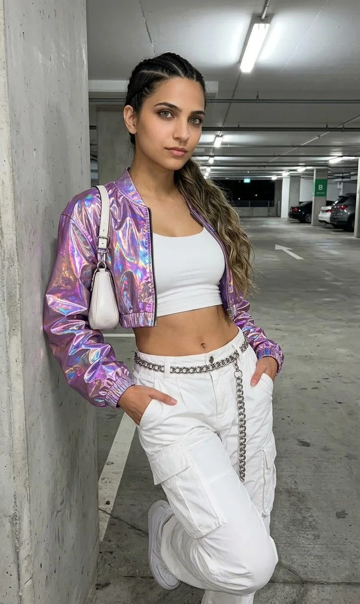 Neon-Drenched Cyberpunk Alley Features Woman in Holographic Jacket