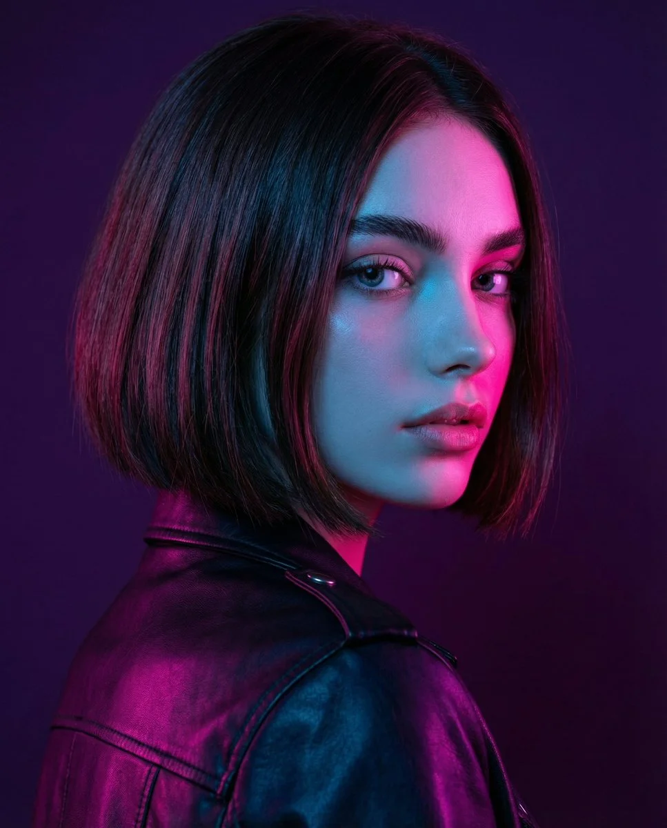 Neon Elegance: High-Fashion Portrait with Bold Pink and Blue Lighting
