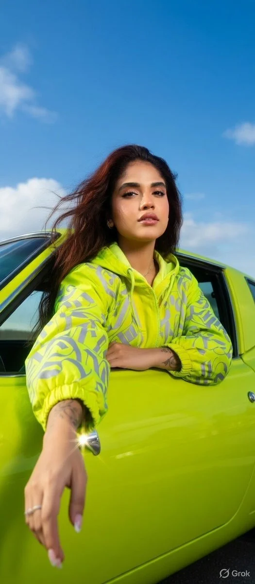 Neon Elegance: Vintage Sports Car Meets High-Fashion Glow