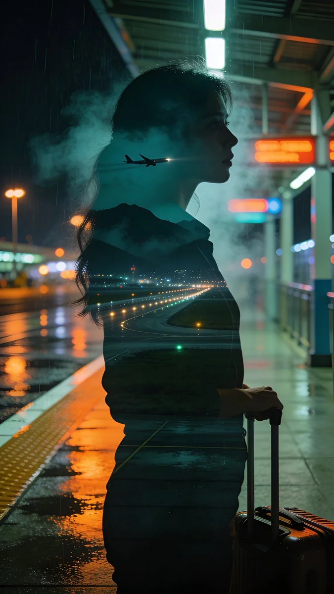 Neon Farewell at a Misty Airport