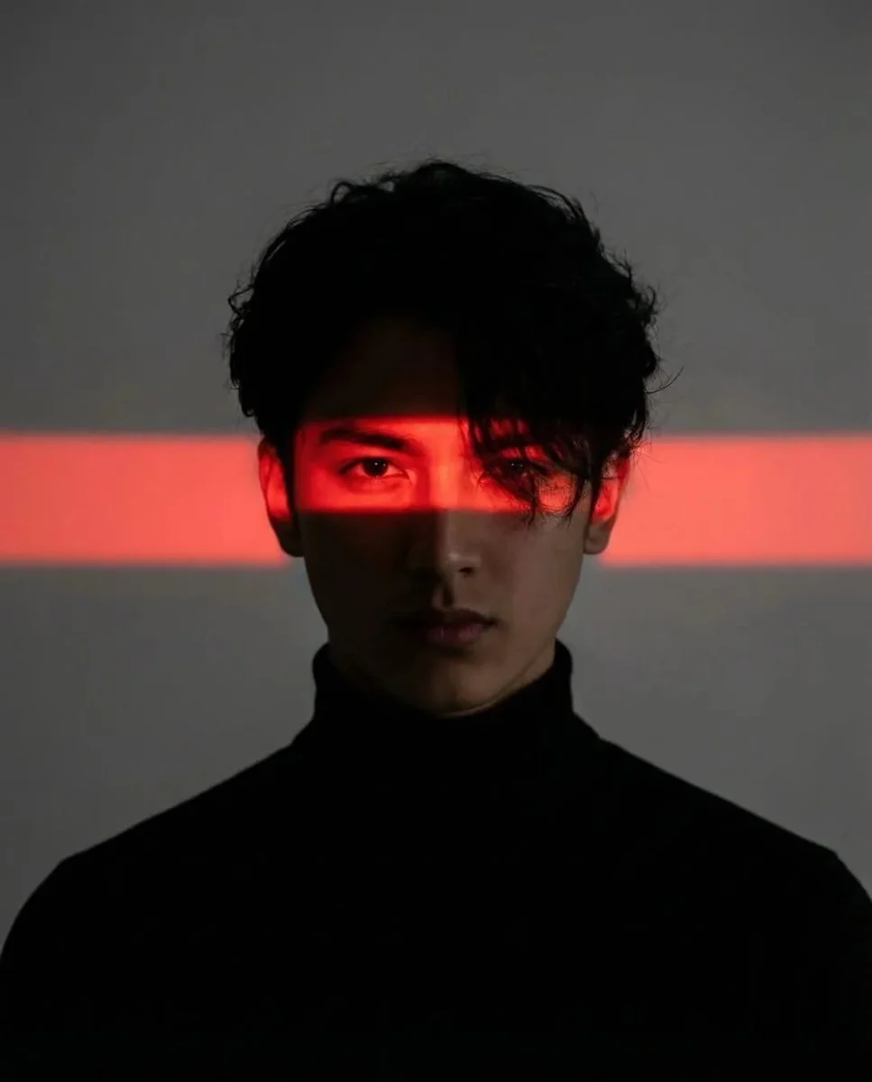Neon Gaze: Cyberpunk Portrait of a Young Man in Shadow