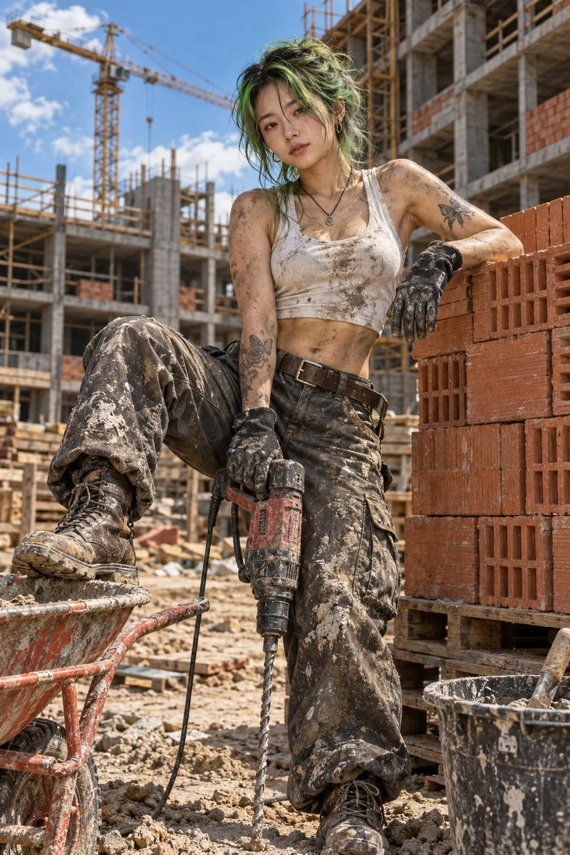 Neon-Haired Worker Leans on Bricks with Drill at Dusty Site