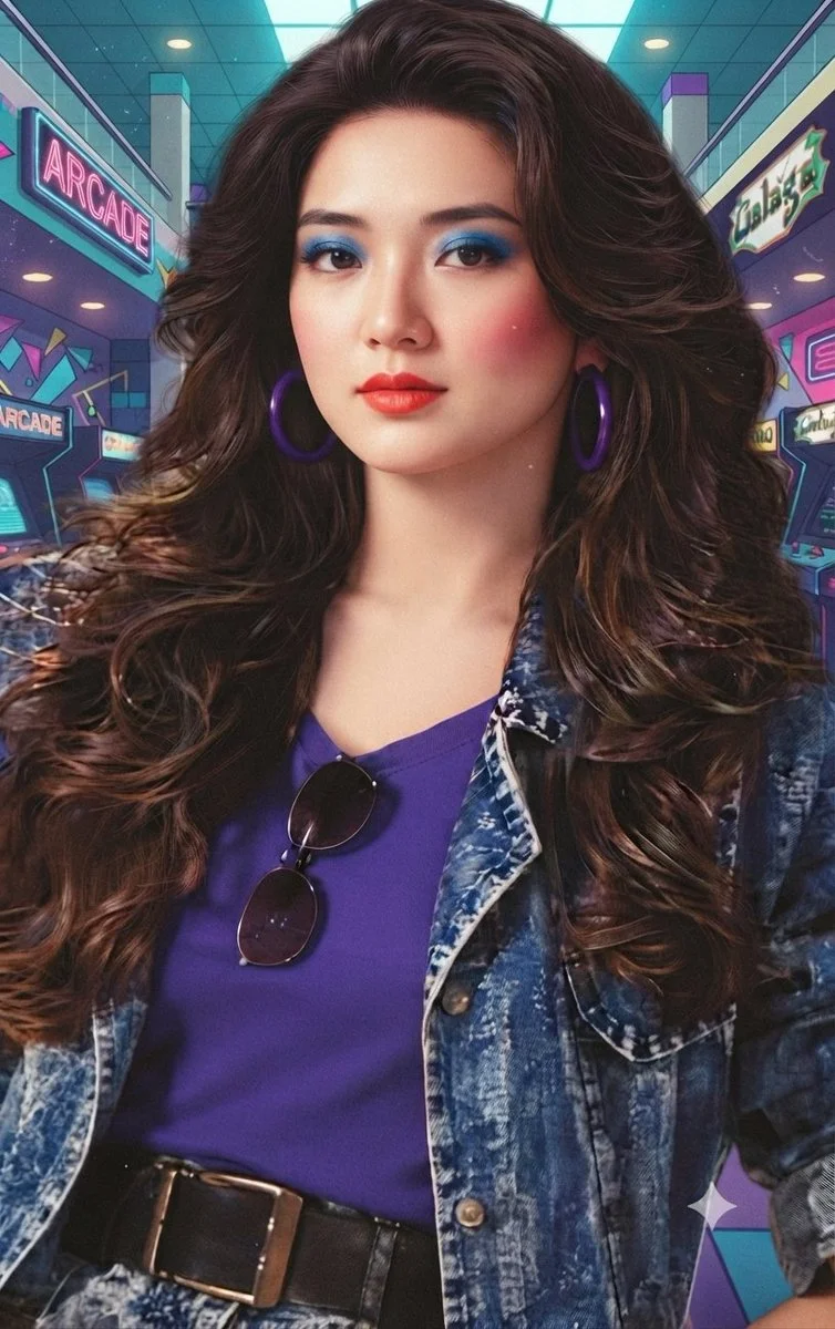 Neon-Lit Arcade Portrait Captures 80s Glam with Teased Hair